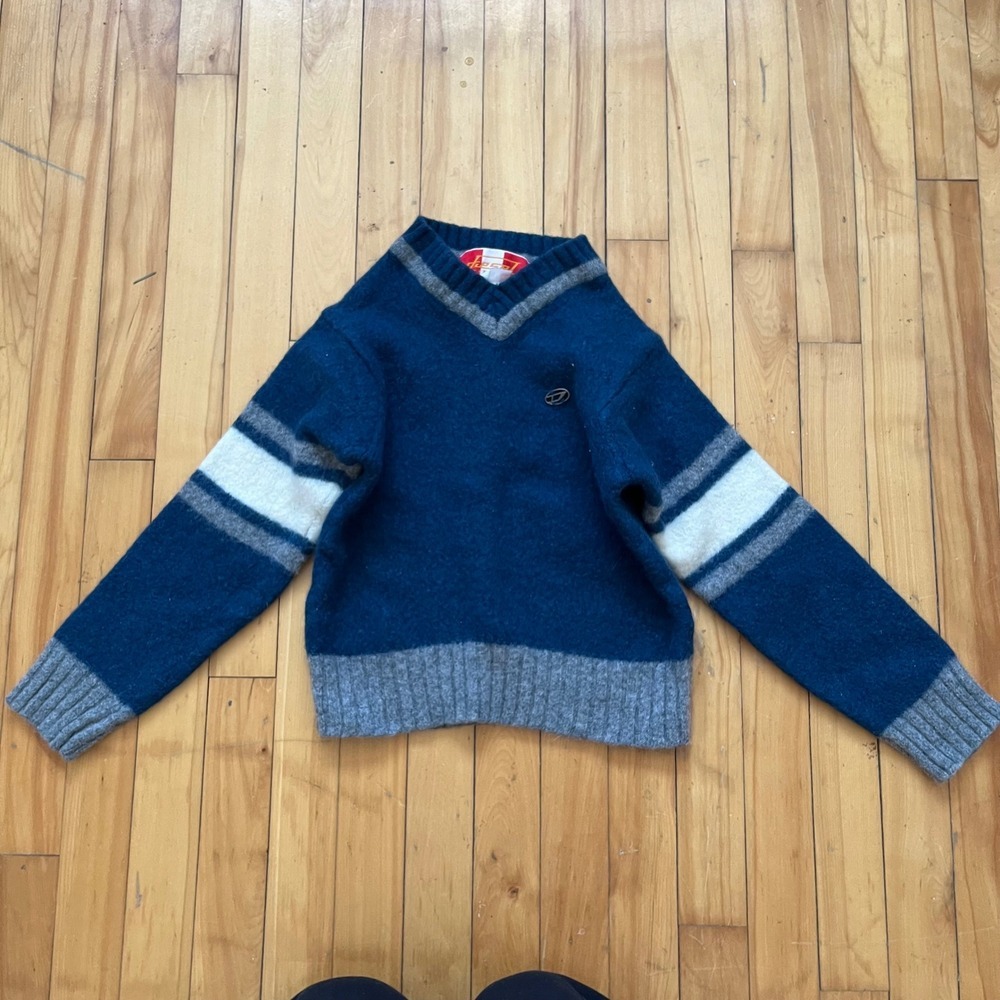 Diesel Knitwear V Neck Sweater Blue Grey Stripe Boys Size L. Felted. Shrunk - Picture 4 of 11